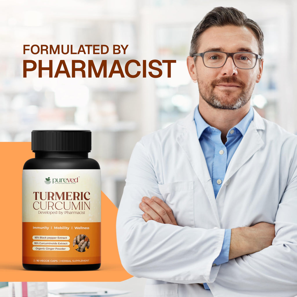 Pureved Turmeric Curcumin 90 Veg Capsules with Black Pepper and Ginger for Better Absorption | 100% Pure & Natural | Made in India
