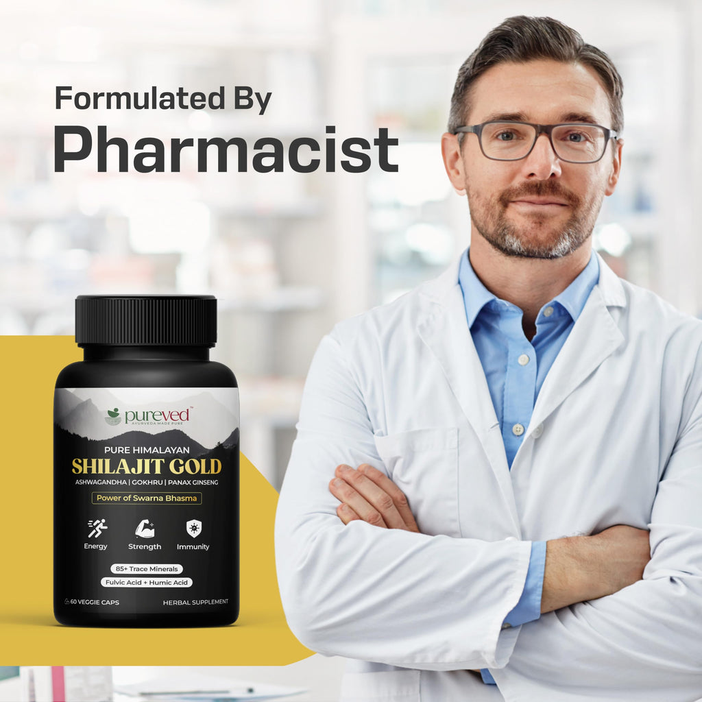 Pureved Pure Himalayan Shilajit Gold 60 Veg Capsules | with Panax Ginseng, Ashwagandh & Gokhru | for Energy, Strength & Immunity