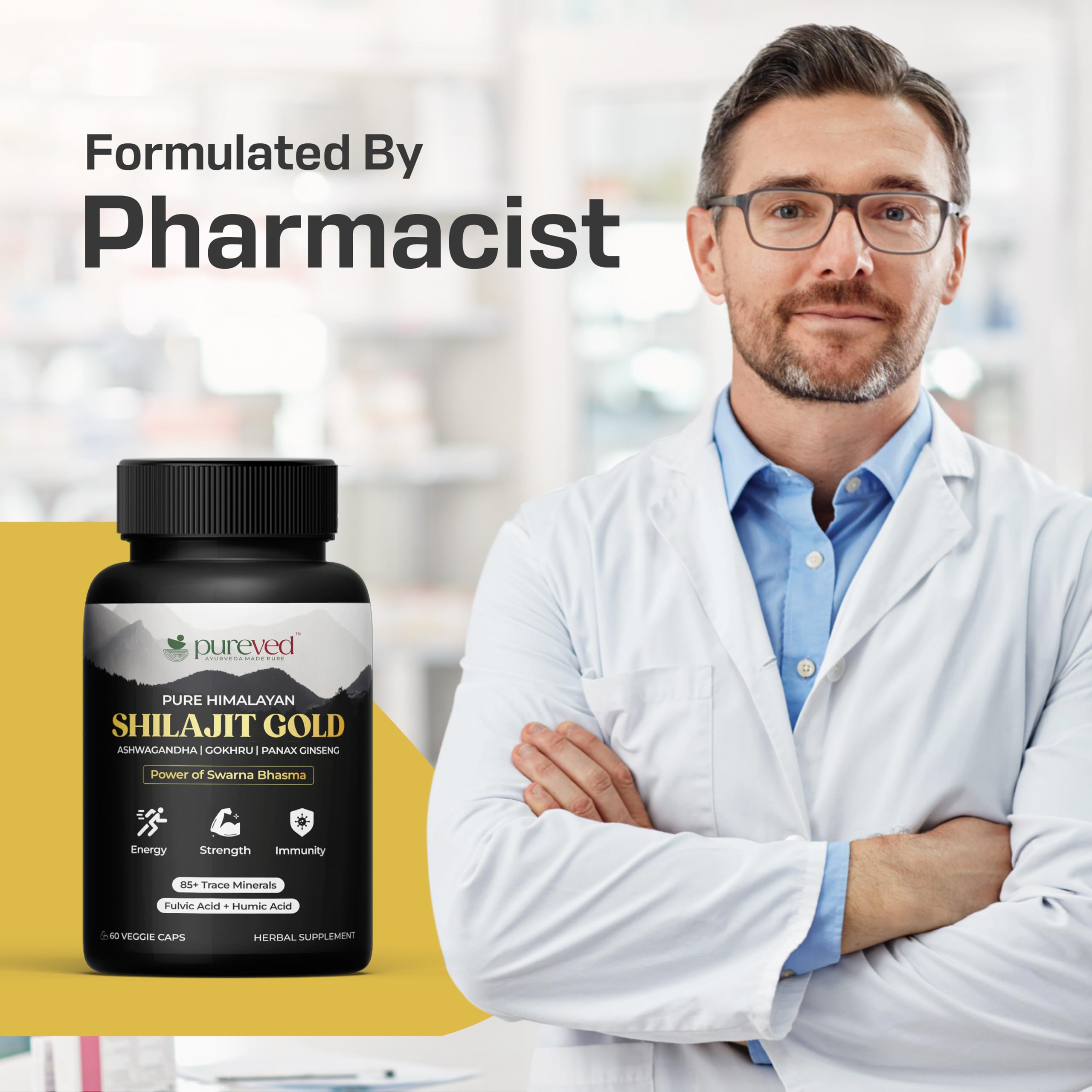 Pureved Pure Himalayan Shilajit Gold 60 Veg Capsules | with Panax Ginseng, Ashwagandh & Gokhru | for Energy, Strength & Immunity