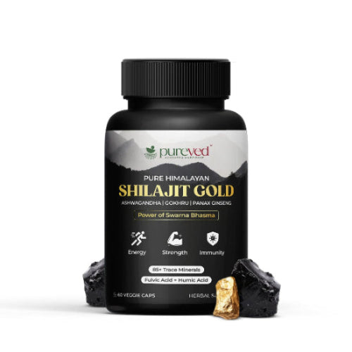Pureved Pure Himalayan Shilajit Gold 60 Veg Capsules | with Panax Ginseng, Ashwagandh & Gokhru | for Energy, Strength & Immunity
